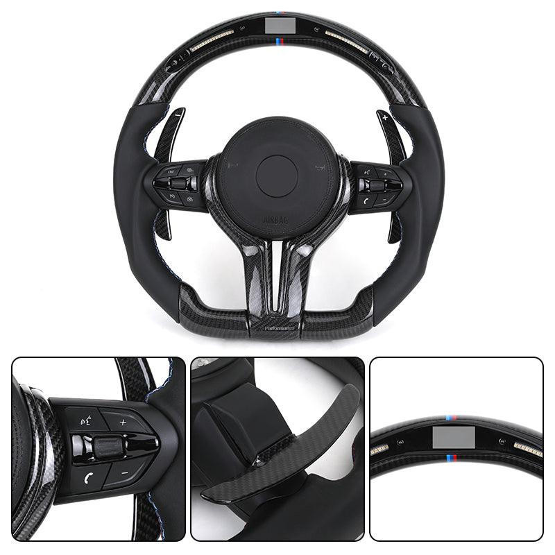 With M Trip Carbon Trim Paddle M Performance Half Leather Carbon LED Steering Wheel for BMW F10 F11 F20 F30 M4 F82 E60 E90 E92 - YunLexus