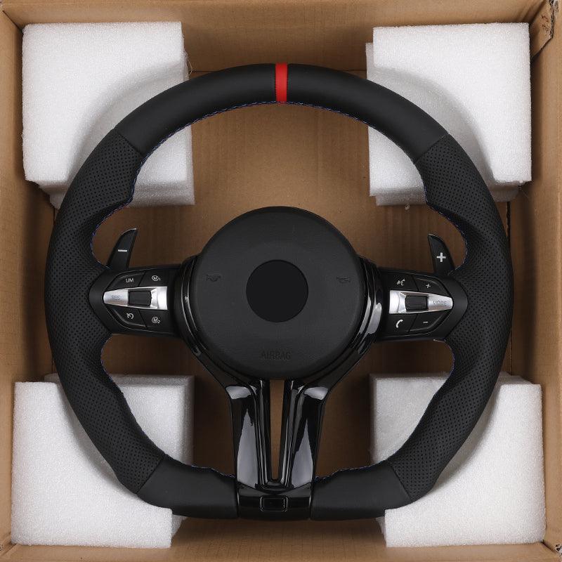 With Piano-black Trim Flat Bottom Half Perforated Leather Steering Wheel for BMW F10 F20 F30 F06 F22 M3 F80 M4 F82 X5 E70 E90 - YunLexus