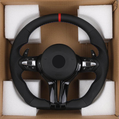 With Piano-black Trim Flat Bottom Half Perforated Leather Steering Wheel for BMW F10 F20 F30 F06 F22 M3 F80 M4 F82 X5 E70 E90 - YunLexus