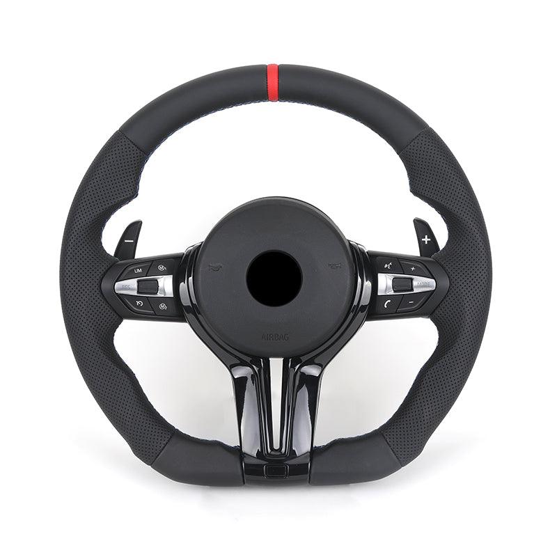 With Piano-black Trim Flat Bottom Half Perforated Leather Steering Wheel for BMW F10 F20 F30 F06 F22 M3 F80 M4 F82 X5 E70 E90 - YunLexus