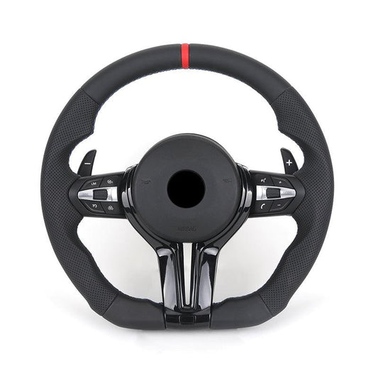 With Piano-black Trim Flat Bottom Half Perforated Leather Steering Wheel for BMW F10 F20 F30 F06 F22 M3 F80 M4 F82 X5 E70 E90 - YunLexus