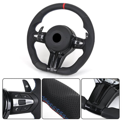 With Piano-black Trim Flat Bottom Half Perforated Leather Steering Wheel for BMW F10 F20 F30 F06 F22 M3 F80 M4 F82 X5 E70 E90 - YunLexus