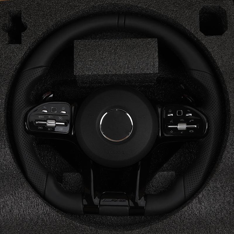 With Piano Black Trim Full Leather Steering Wheel for Mercedes Benz W211 W169 W177 W221 GLS X167 GLA45 X156 Gle 53 AMG GT 2023 - YunLexus Custom Custom Steering Wheels for Mercedes