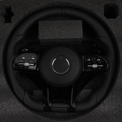 With Piano Black Trim Full Leather Steering Wheel for Mercedes Benz W211 W169 W177 W221 GLS X167 GLA45 X156 Gle 53 AMG GT 2023 - YunLexus Custom Custom Steering Wheels for Mercedes