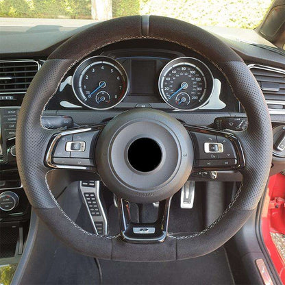 With Piano-black Trim Half Perforated Leather Alcantara Steering Wheel for VW Polo Golf 6 7 7.5 8 R MK6 Mk7 GTI Passat B6 B7 CC - YunLexus Custom Custom Steering Wheels for VW