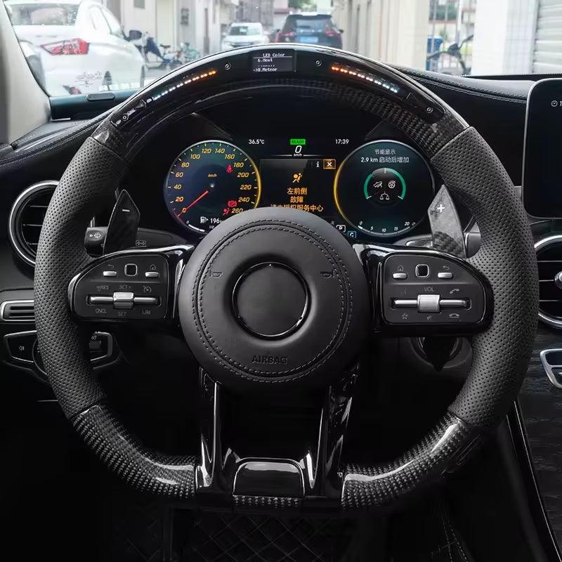 With Piano Black Trim Half Perforated Leather Carbon LED Steering Wheel for Mercedes W204 W205 C180 W221 W222 W213 C43 C63 AMG - YunLexus Custom Custom Steering Wheels for Mercedes
