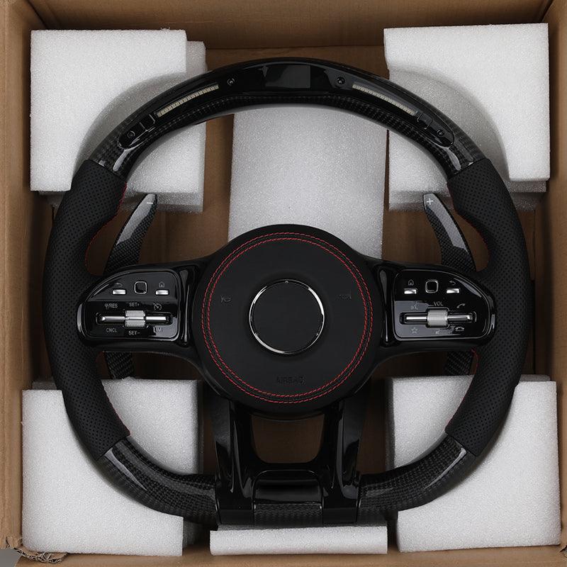 With Piano Black Trim Half Perforated Leather Carbon LED Steering Wheel for Mercedes W204 W205 C180 W221 W222 W213 C43 C63 AMG - YunLexus Custom Custom Steering Wheels for Mercedes