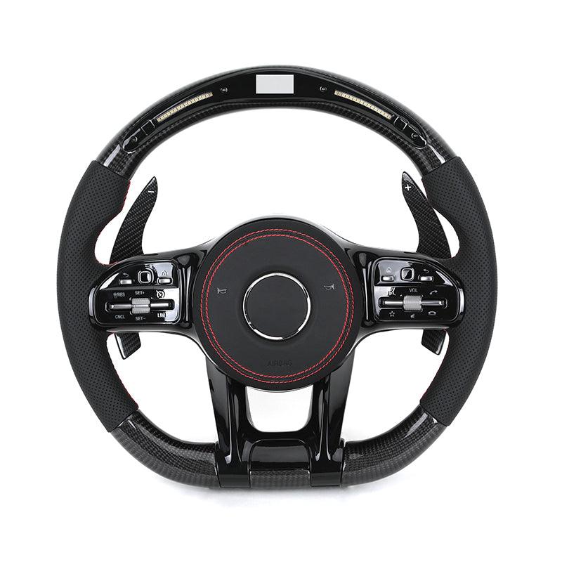 With Piano Black Trim Half Perforated Leather Carbon LED Steering Wheel for Mercedes W204 W205 C180 W221 W222 W213 C43 C63 AMG - YunLexus Custom Custom Steering Wheels for Mercedes