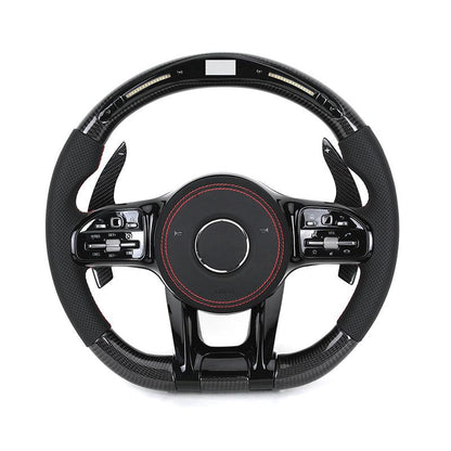 With Piano Black Trim Half Perforated Leather Carbon LED Steering Wheel for Mercedes W204 W205 C180 W221 W222 W213 C43 C63 AMG - YunLexus Custom Custom Steering Wheels for Mercedes