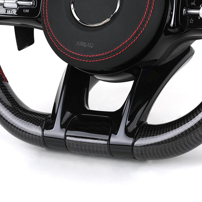 With Piano Black Trim Half Perforated Leather Carbon LED Steering Wheel for Mercedes W204 W205 C180 W221 W222 W213 C43 C63 AMG - YunLexus Custom Custom Steering Wheels for Mercedes