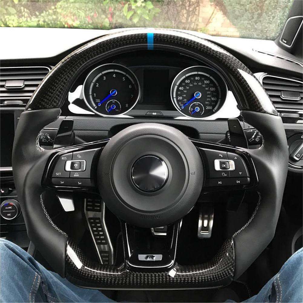 With Piano Black Trim R Line Half Leather Carbon Fiber Steering Wheel for VW Volkswagen Golf R 5 6 7 MK5 MK6 MK7 Gti Passat CC - YunLexus Custom Custom Steering Wheels for Volkswagen