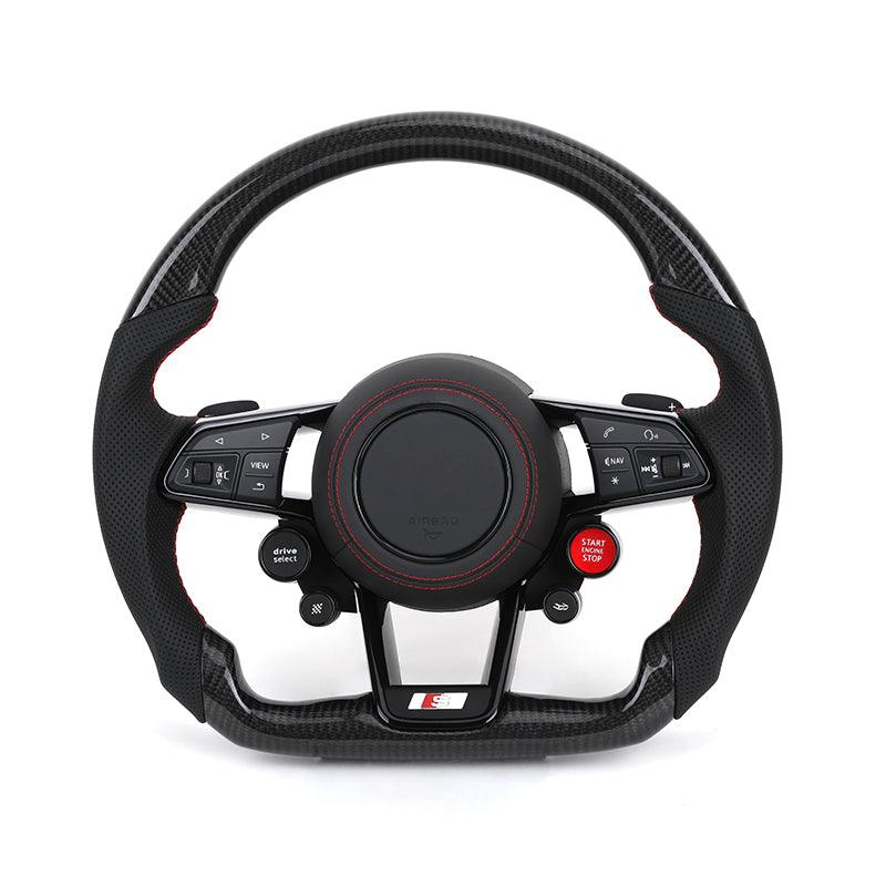 With R8 Start Button & Drive Select Half Perforated Carbon Steering Wheel for Audi A3 A4 A5 A6 C7 C8 Q3 Q5 Q7 4L SQ5 SQ8 TTRS
