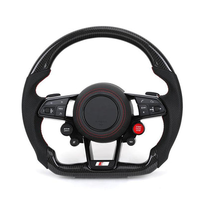 With R8 Start Button & Drive Select Half Perforated Carbon Steering Wheel for Audi A3 A4 A5 A6 C7 C8 Q3 Q5 Q7 4L SQ5 SQ8 TTRS