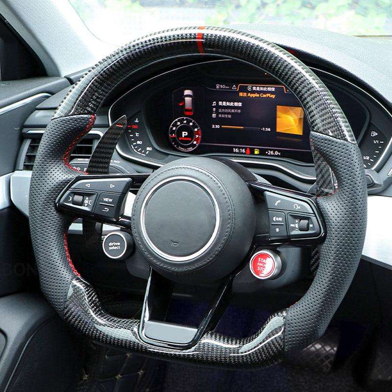With R8 Start Button & Drive Select Half Perforated Carbon Steering Wheel for Audi A3 A4 A5 A6 C7 C8 Q3 Q5 Q7 4L SQ5 SQ8 TTRS