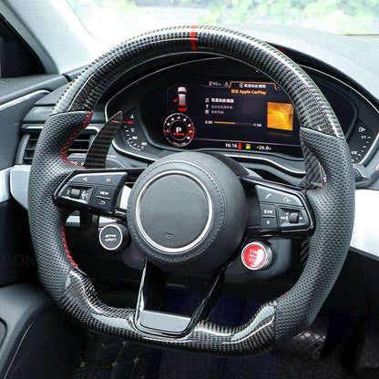 With R8 Start Button & Drive Select Half Perforated Carbon Steering Wheel for Audi A3 A4 A5 A6 C7 C8 Q3 Q5 Q7 4L SQ5 SQ8 TTRS