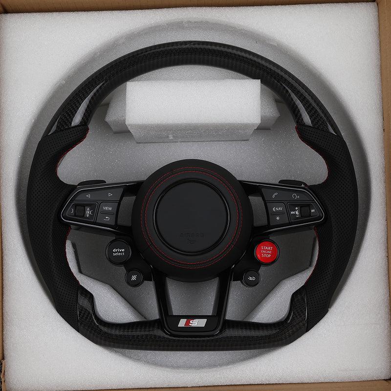 With R8 Start Button & Drive Select Half Perforated Carbon Steering Wheel for Audi A3 A4 A5 A6 C7 C8 Q3 Q5 Q7 4L SQ5 SQ8 TTRS