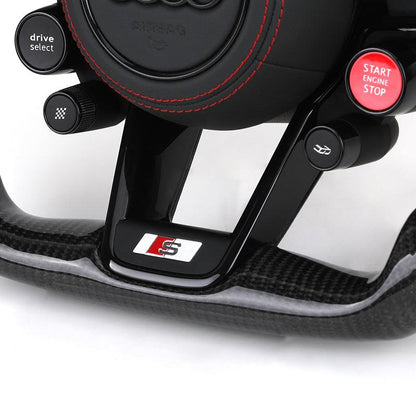 With R8 Start Button & Drive Select Half Perforated Carbon Steering Wheel for Audi A3 A4 A5 A6 C7 C8 Q3 Q5 Q7 4L SQ5 SQ8 TTRS