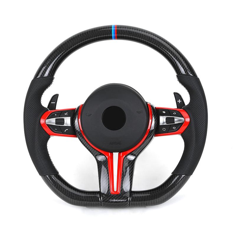 With Red Insert Trim Half Leather Carbon Steering Wheel for BMW F Series F10 F20 F30 F32 M3 F80 M5 F90 X5 F15 E70 E87 E90 E92 - YunLexus