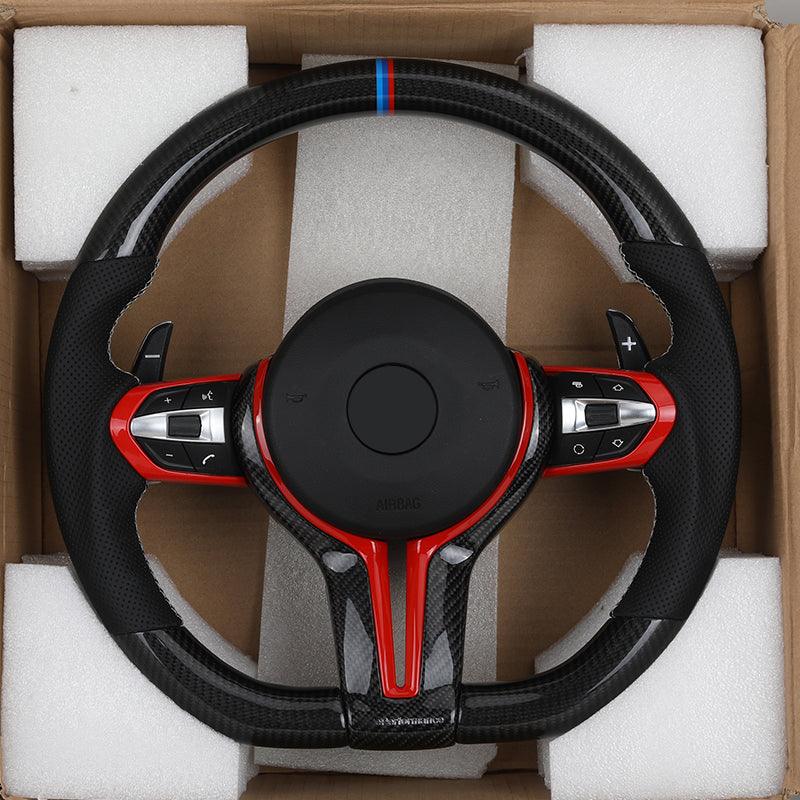 With Red Insert Trim Half Leather Carbon Steering Wheel for BMW F Series F10 F20 F30 F32 M3 F80 M5 F90 X5 F15 E70 E87 E90 E92 - YunLexus