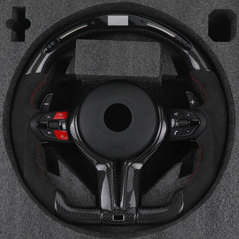 With Red M1 M2 Button Half Alcantara Carbon LED Steering Wheel for BMW 5 Series F10 F30 F01 E90 E60 E46 M3 F32 E39 E82 E87 E92 - YunLexus
