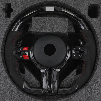 With Red M1 M2 Button Half Alcantara Carbon LED Steering Wheel for BMW 5 Series F10 F30 F01 E90 E60 E46 M3 F32 E39 E82 E87 E92 - YunLexus