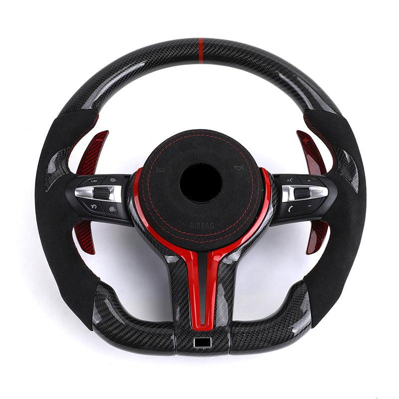 With Red Paddle Shifters Alcantara Leather Carbon Fiber M Sport Steering Wheel for BMW F10 F30 F01 F02 E90 E70 X4 F26 X6 E71 E65 - YunLexus