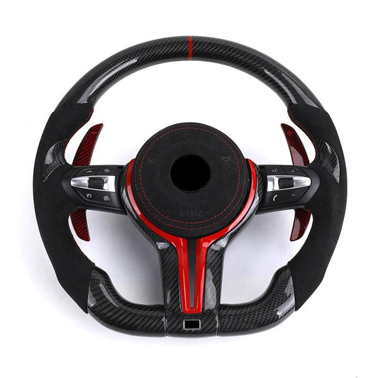 With Red Paddle Shifters Alcantara Leather Carbon Fiber M Sport Steering Wheel for BMW F10 F30 F01 F02 E90 E70 X4 F26 X6 E71 E65 - YunLexus