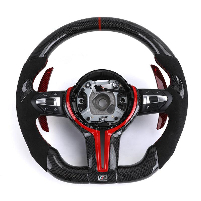 With Red Paddle Shifters Alcantara Leather Carbon Fiber M Sport Steering Wheel for BMW F10 F30 F01 F02 E90 E70 X4 F26 X6 E71 E65 - YunLexus