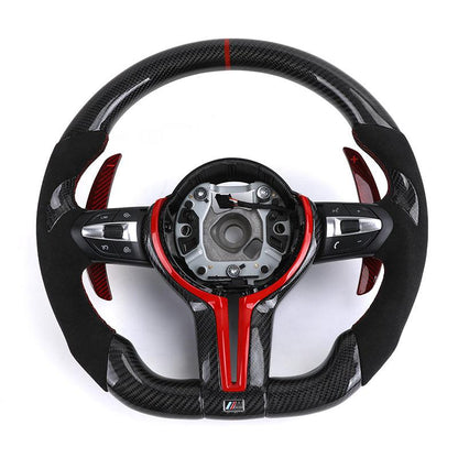 With Red Paddle Shifters Alcantara Leather Carbon Fiber M Sport Steering Wheel for BMW F10 F30 F01 F02 E90 E70 X4 F26 X6 E71 E65 - YunLexus