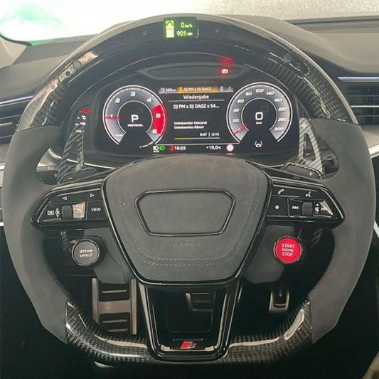 With Start Button S-Line Half Alcantara Carbon Fiber Paddle LED Steering Wheel for Audi TT R8 A4 A5 B8 B9 S4 RS6 A6 C7 RS Q5 Q6
