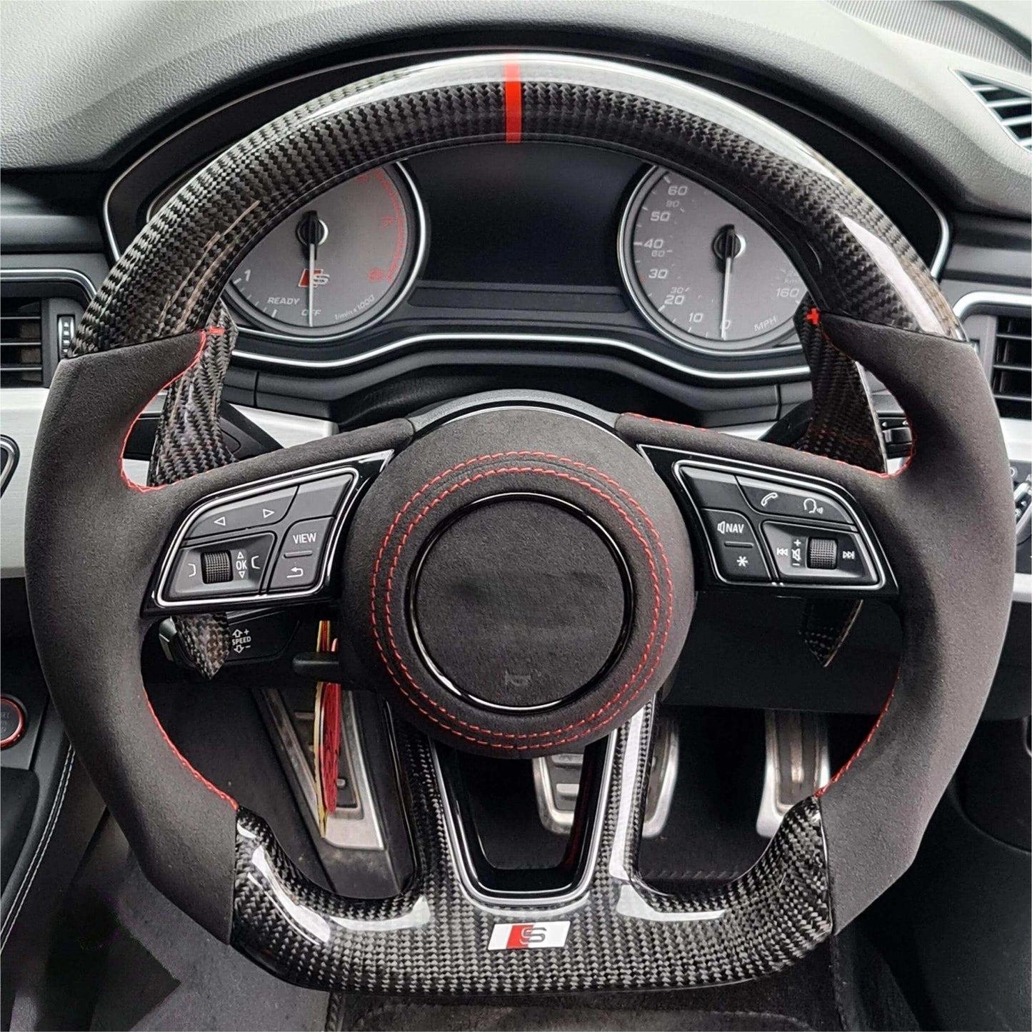 With Start Button S-Line Half Alcantara Carbon Steering Wheel for Audi Q8 SQ8 A3 A4 B9 A5 B8 A6 C7 A7 S3 S4 RS3 RS5 RS7 RS6 C8