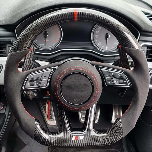 With Start Button S-Line Half Alcantara Carbon Steering Wheel for Audi Q8 SQ8 A3 A4 B9 A5 B8 A6 C7 A7 S3 S4 RS3 RS5 RS7 RS6 C8